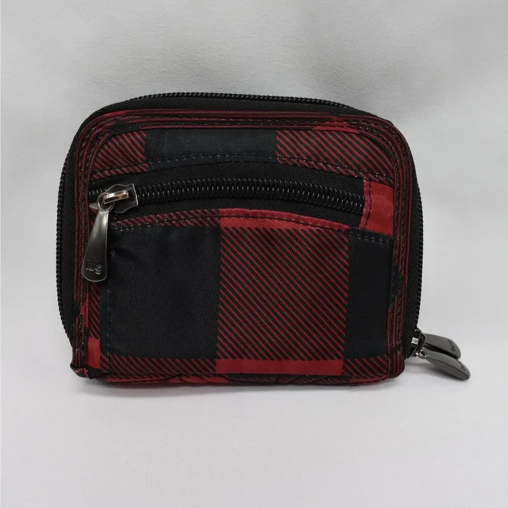 Lug Splits RFID Double Zip Wallet Black Red Quilted Buffalo Plaid Card Holder